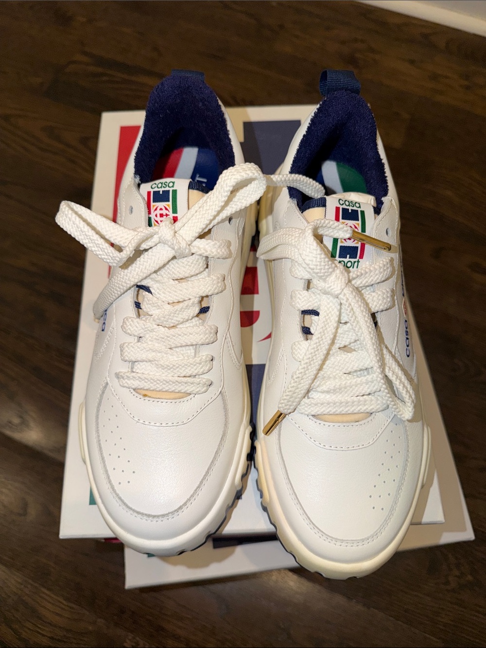 Casablanca White Floral Low-Top Sneaker with Navy Trim
